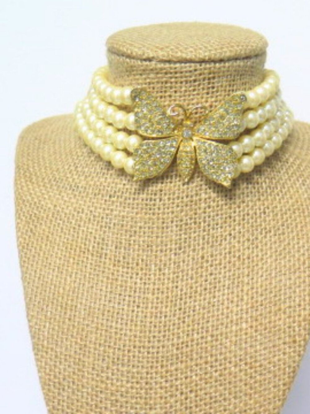 Faux Pearl 3 Strand Choker Necklace Gold Tone Rhinestone Butterfly Statement